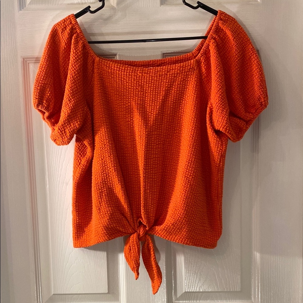 LOFT Orange Puff Sleeve Smocked Blouse - Picture 3 of 11